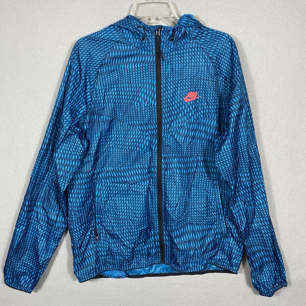 Nike Men Lightweight Full Zip Windrunner Jacket Blue‎ Geometric 644127-413 Large